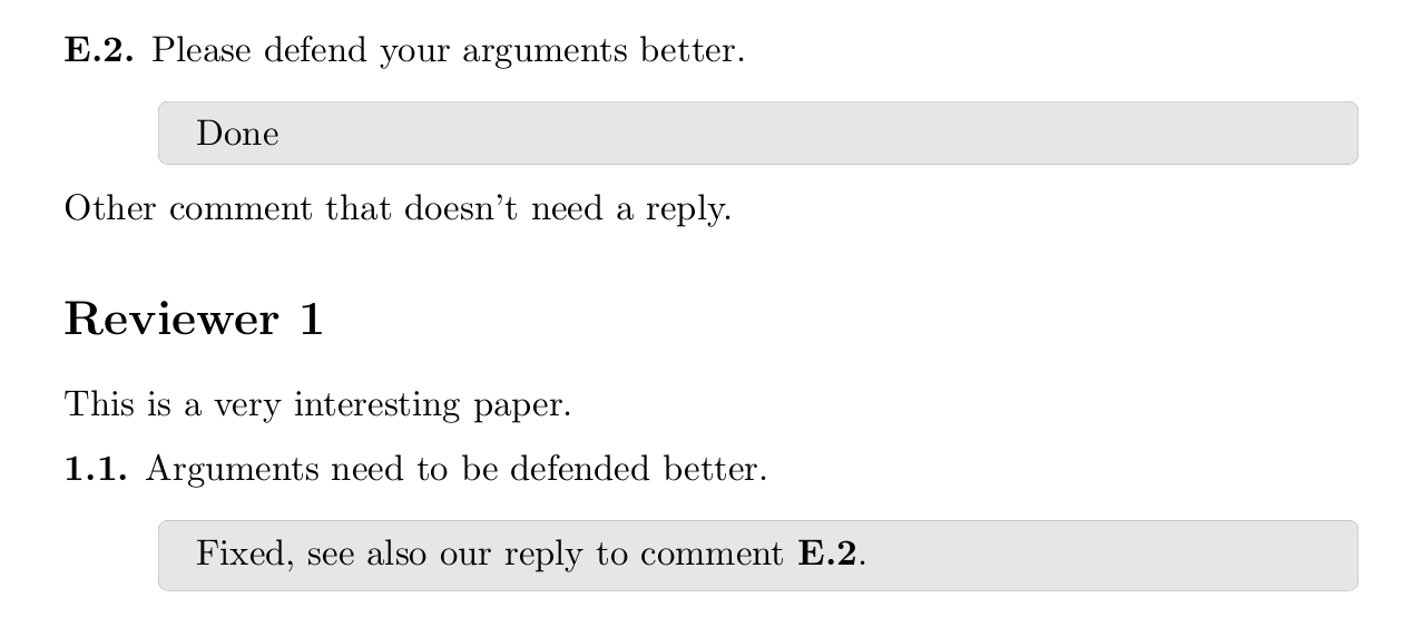 A screenshot of the reply letter template used to address and organize reviewer comments.